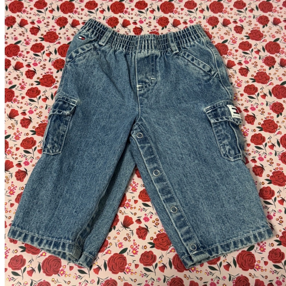 Tommy Hilfiger Vintage Kids Cargo Jeans Blue Denim Snaps 6-12 Months a3
